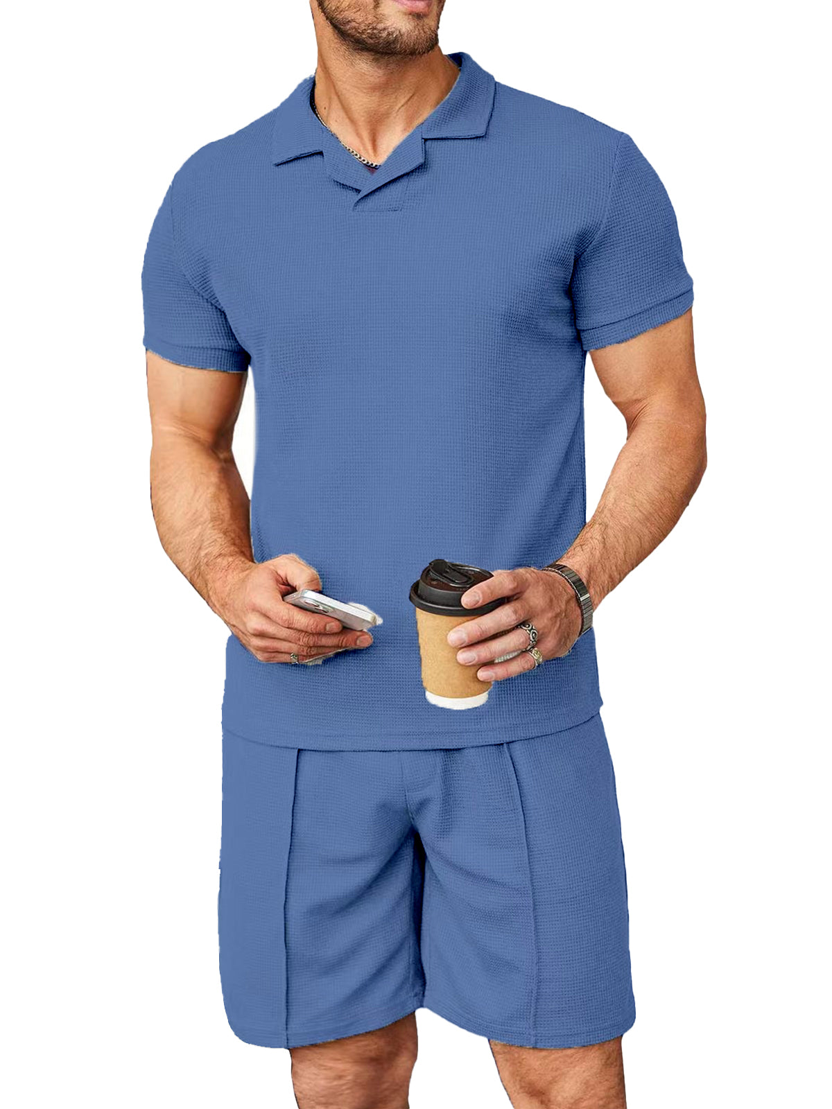 Men's Casual Solid Color Waffle V-neck Short Sleeve Shorts Suit