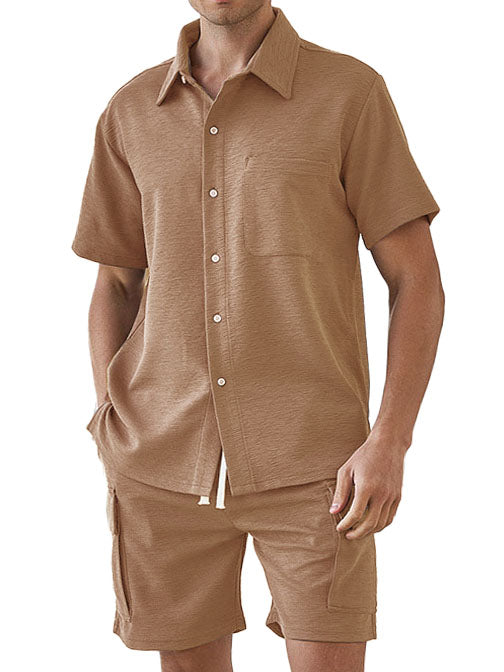 Hawaii Men's Casual Pleated Short Sleeve Cargo Pants Two-Piece Set