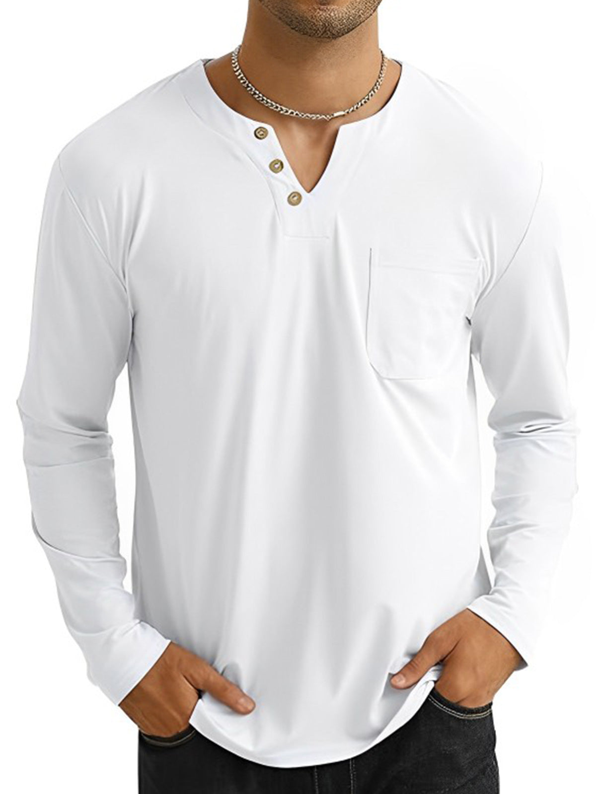 Men's v-neck button pocket long sleeve t-shirt top