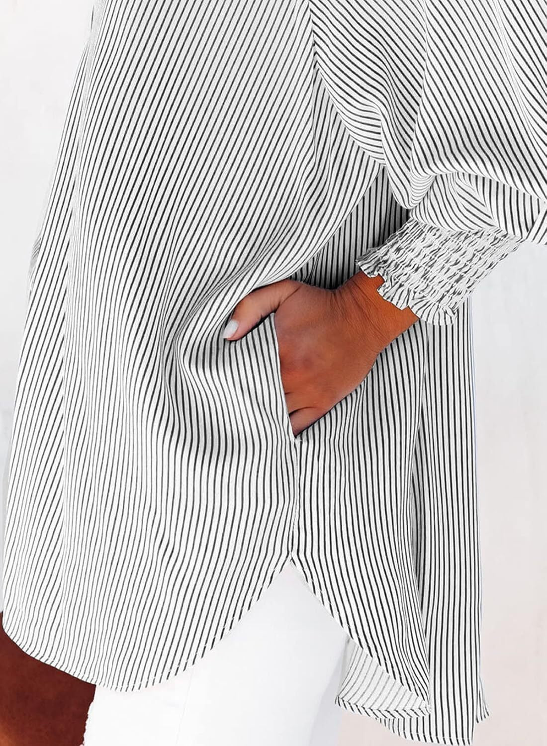 🔥Last day promotion🔥Women's pleated cuffs striped shirt with pockets and casual collar