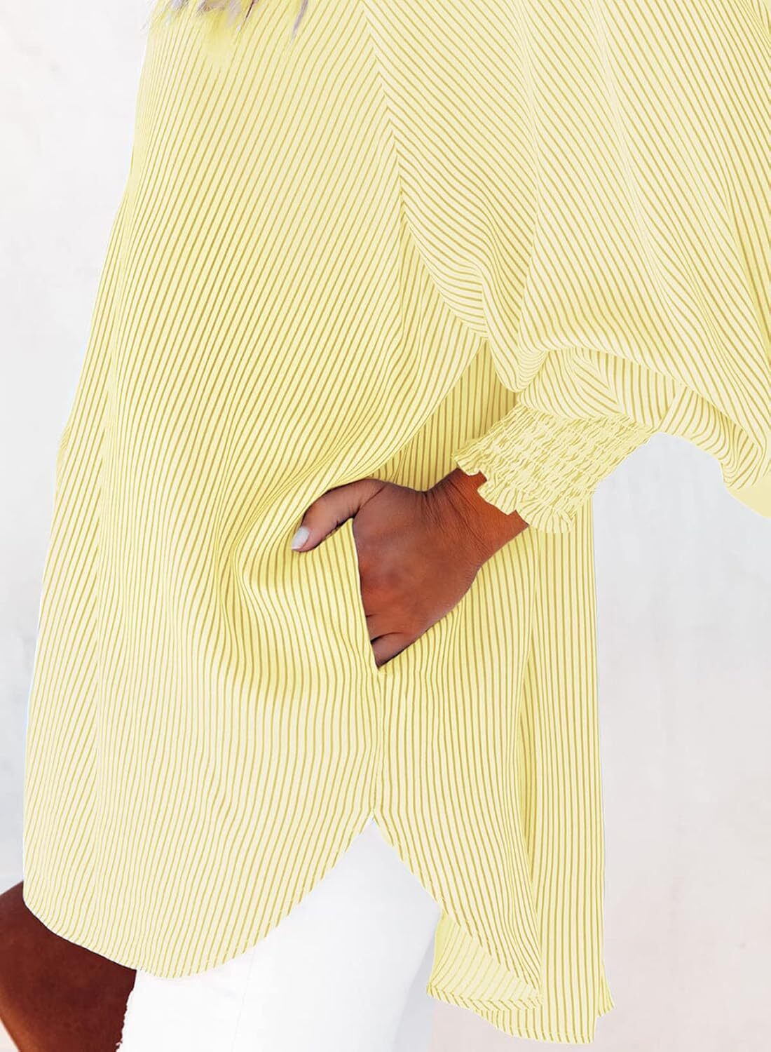 🔥Last day promotion🔥Women's pleated cuffs striped shirt with pockets and casual collar