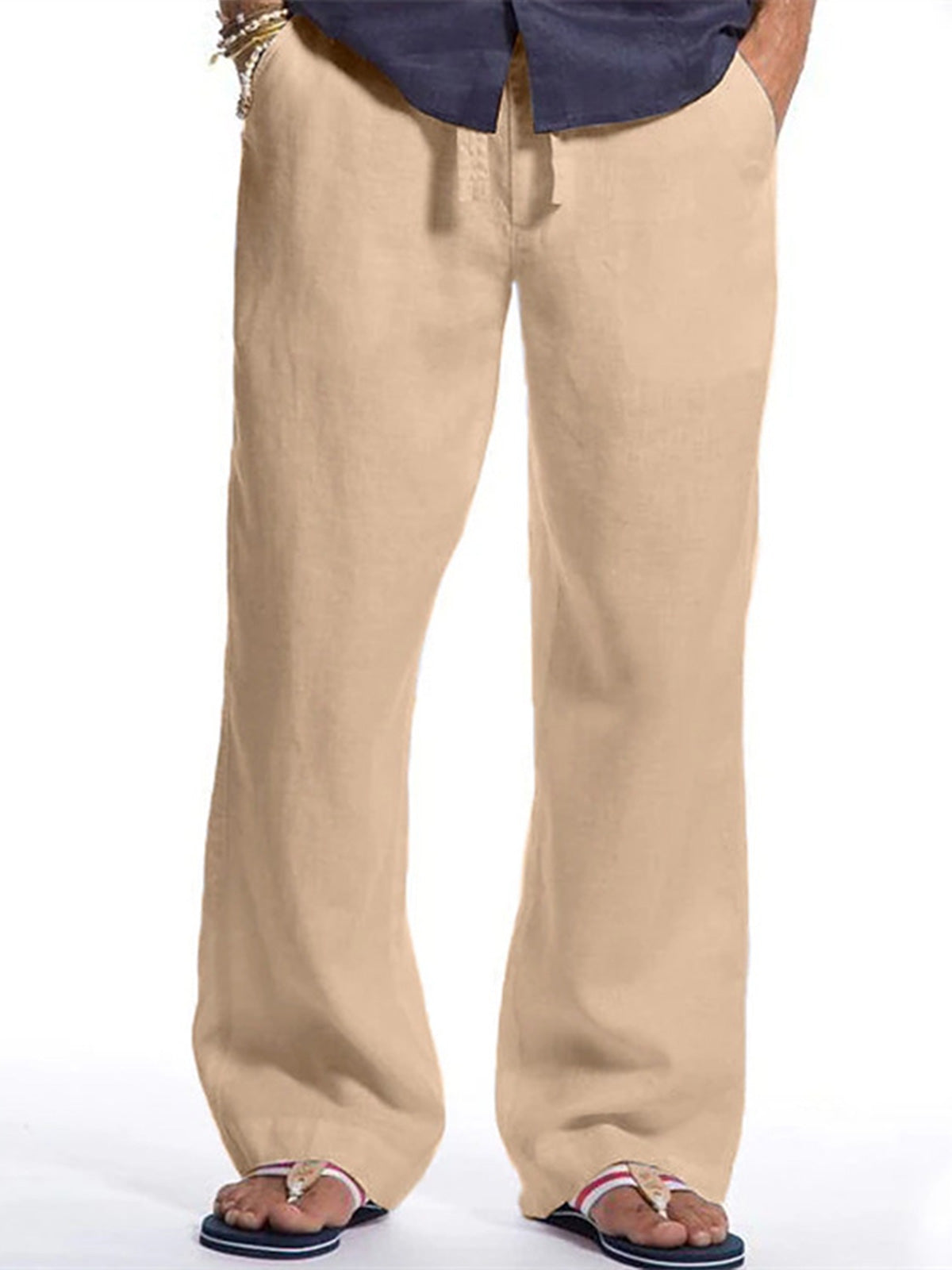 Men's cotton and linen solid color loose casual drawstring straight trousers
