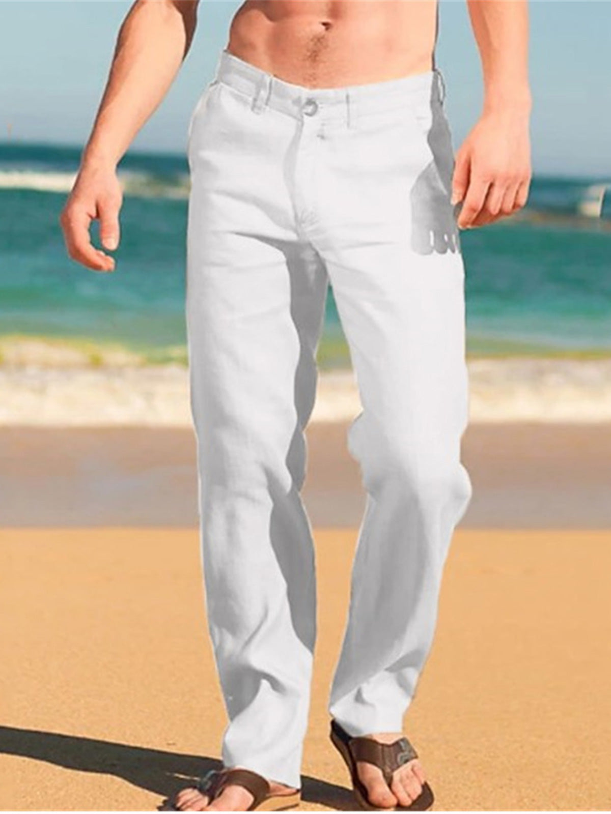 Men's linen solid color casual trousers