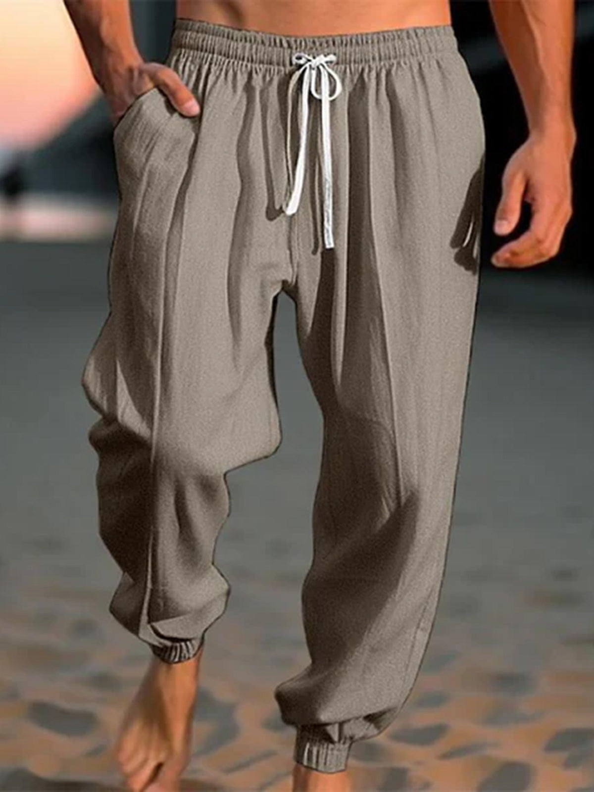 Men's cotton and linen drawstring loose casual trousers