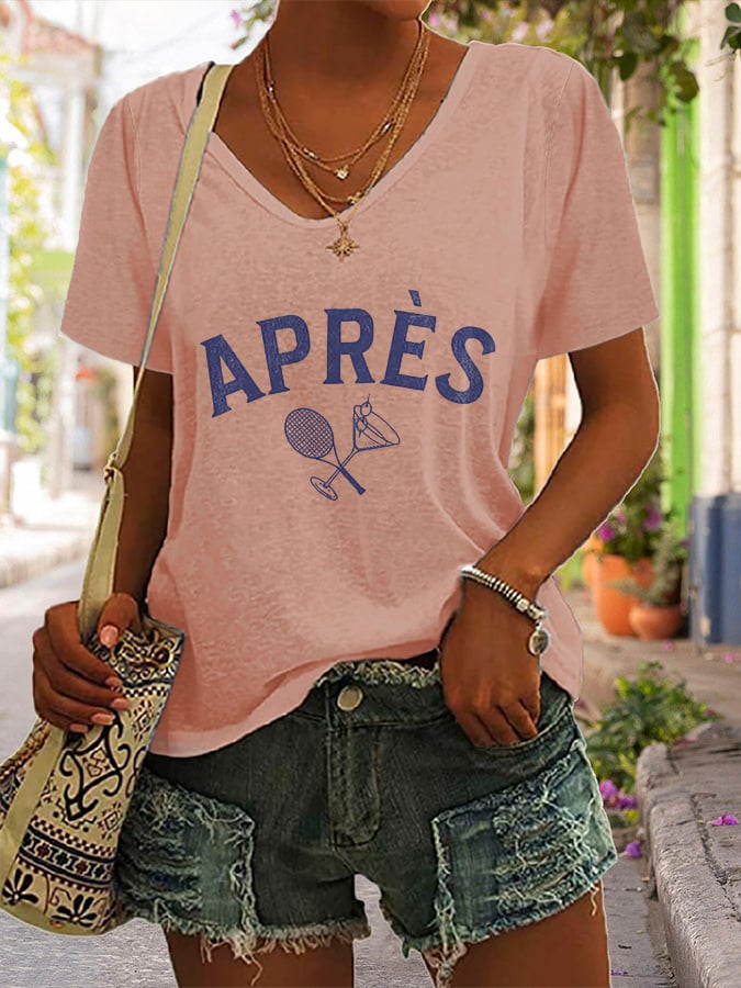 Women's Apres Tennis Printed V-Neck T-Shirt