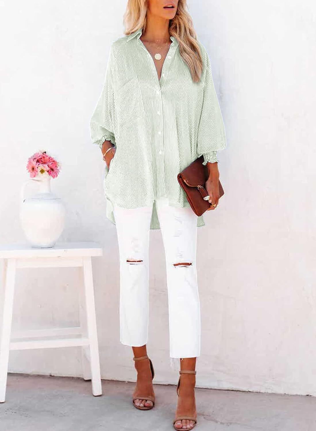 🔥Last day promotion🔥Women's pleated cuffs striped shirt with pockets and casual collar