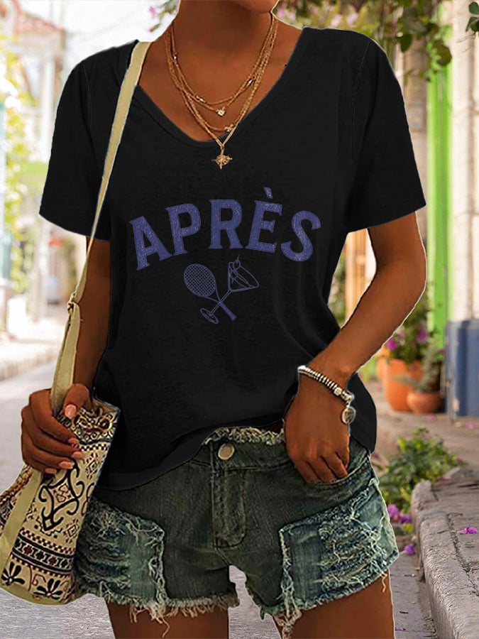 Women's Apres Tennis Printed V-Neck T-Shirt