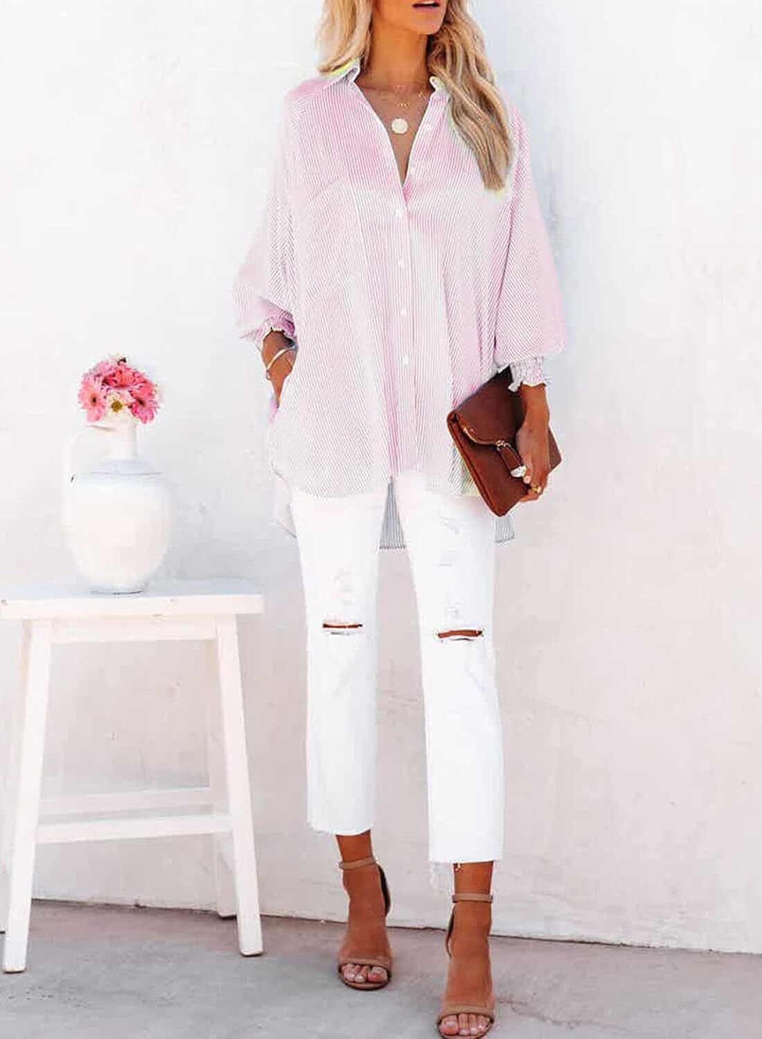 🔥Last day promotion🔥Women's pleated cuffs striped shirt with pockets and casual collar