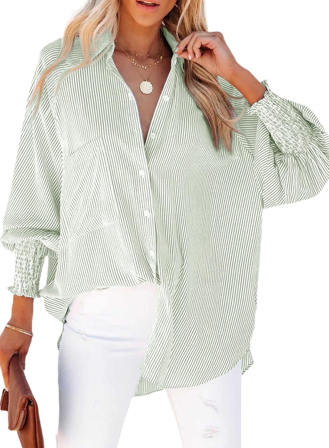 🔥Last day promotion🔥Women's pleated cuffs striped shirt with pockets and casual collar