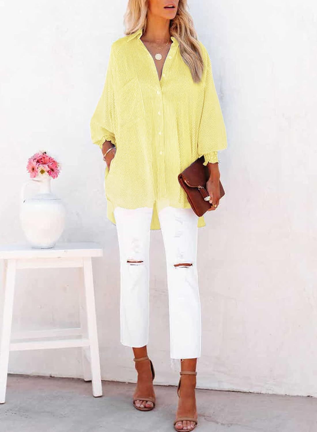 🔥Last day promotion🔥Women's pleated cuffs striped shirt with pockets and casual collar