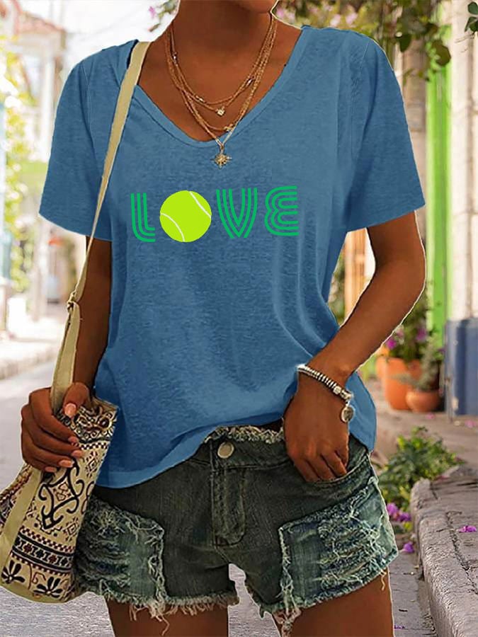 Women's Love Tennis Printed V-Neck T-shirt