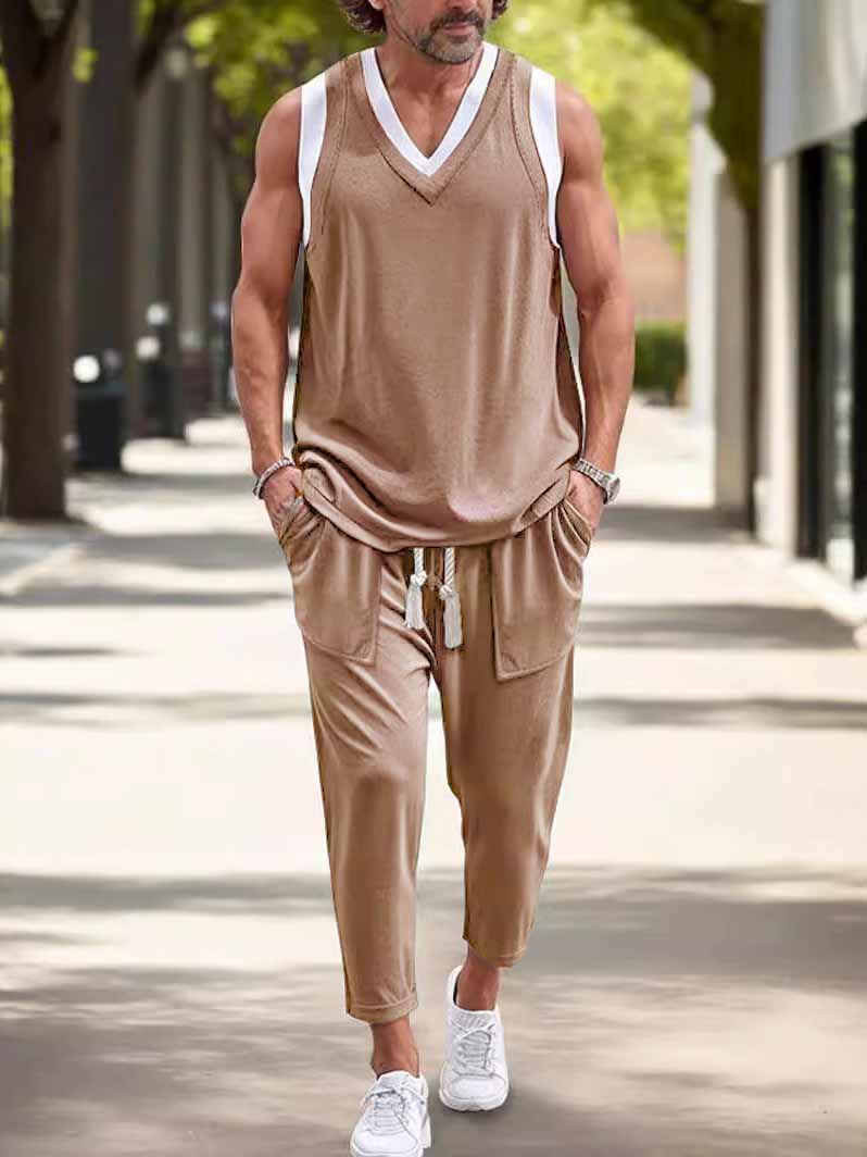 Men's Casual Basic Patchwork Vest Pocket Trousers Two-Piece Set