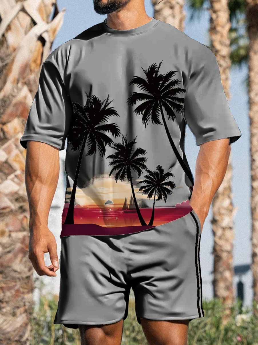 Men's Hawaiian coconut print short-sleeved T-shirt shorts two-piece set