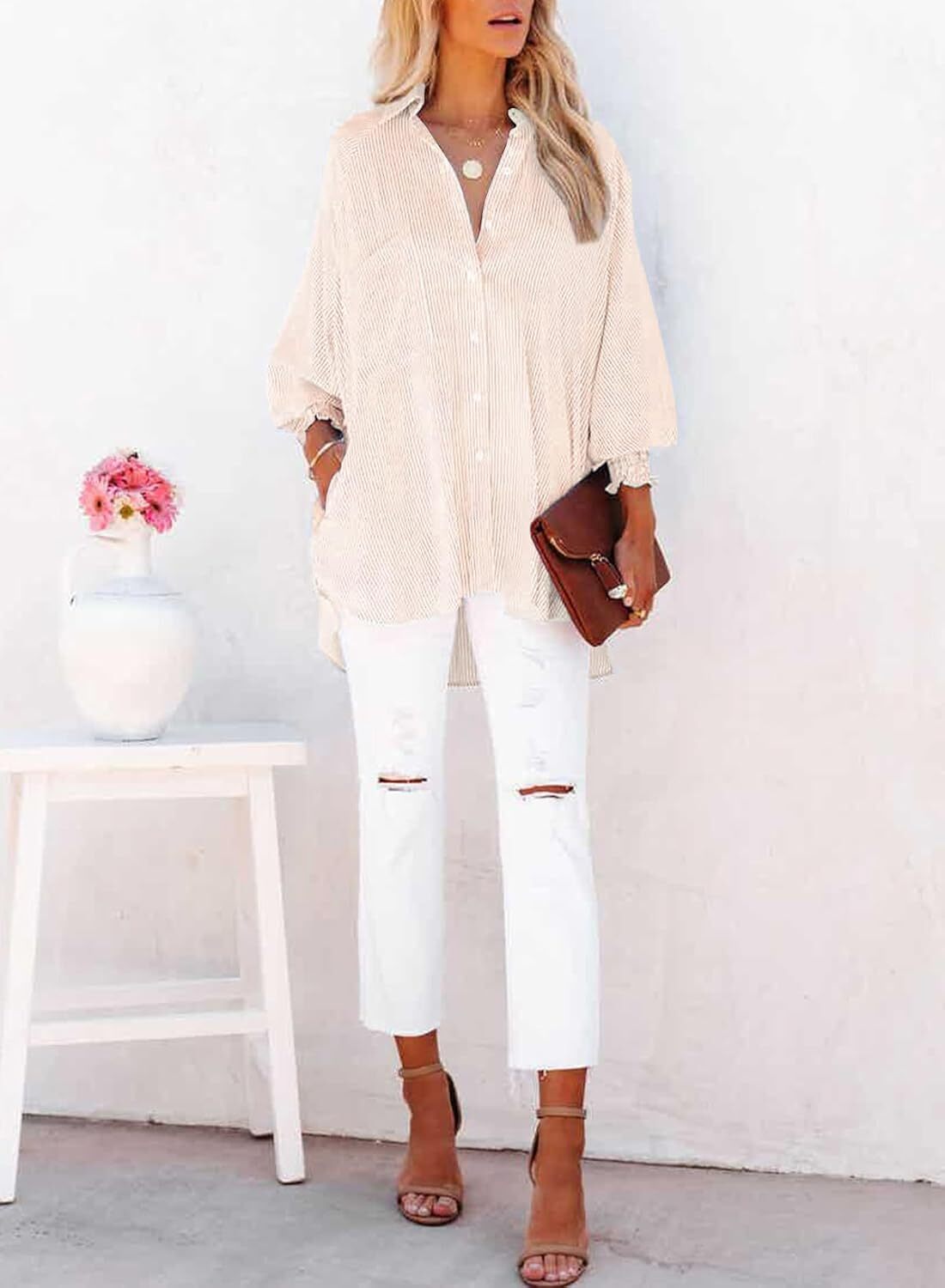 🔥Last day promotion🔥Women's pleated cuffs striped shirt with pockets and casual collar