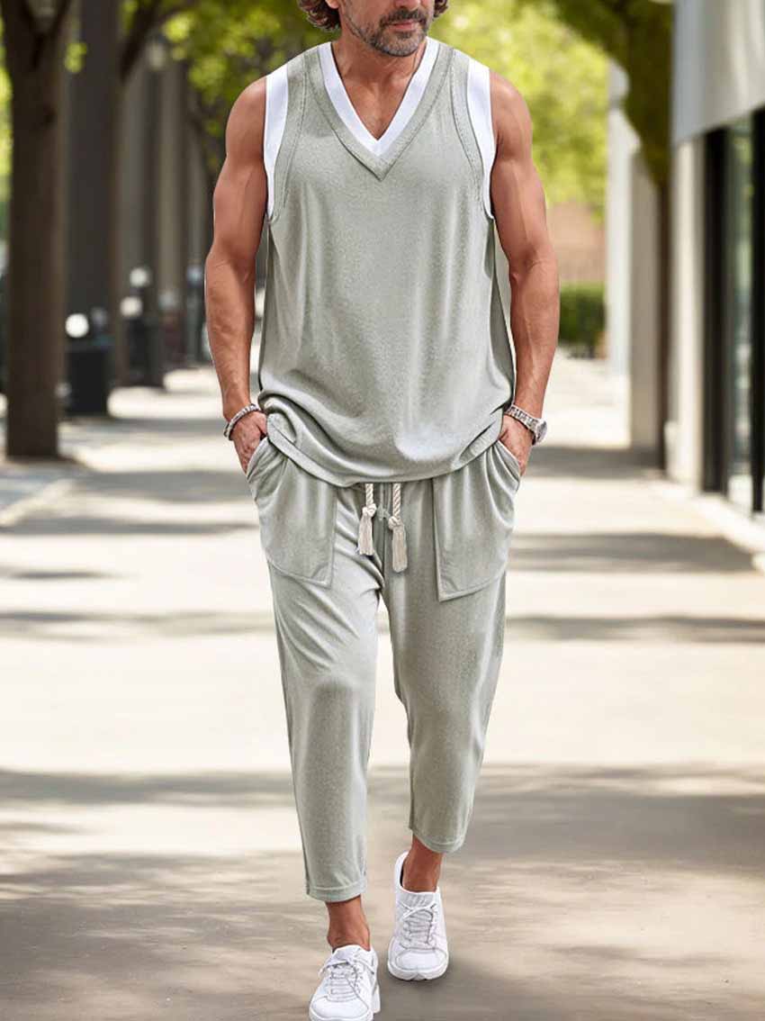 Men's Casual Basic Patchwork Vest Pocket Trousers Two-Piece Set