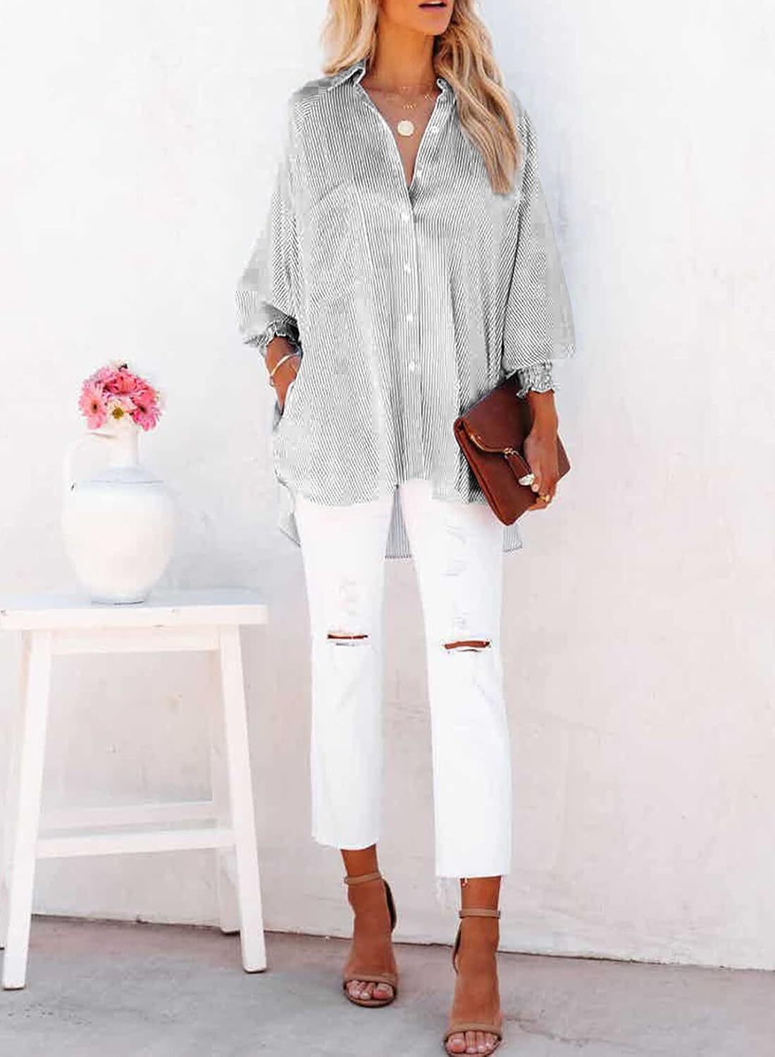 🔥Last day promotion🔥Women's pleated cuffs striped shirt with pockets and casual collar