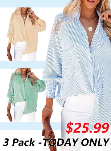 🔥Last day promotion🔥Women's pleated cuffs striped shirt with pockets and casual collar