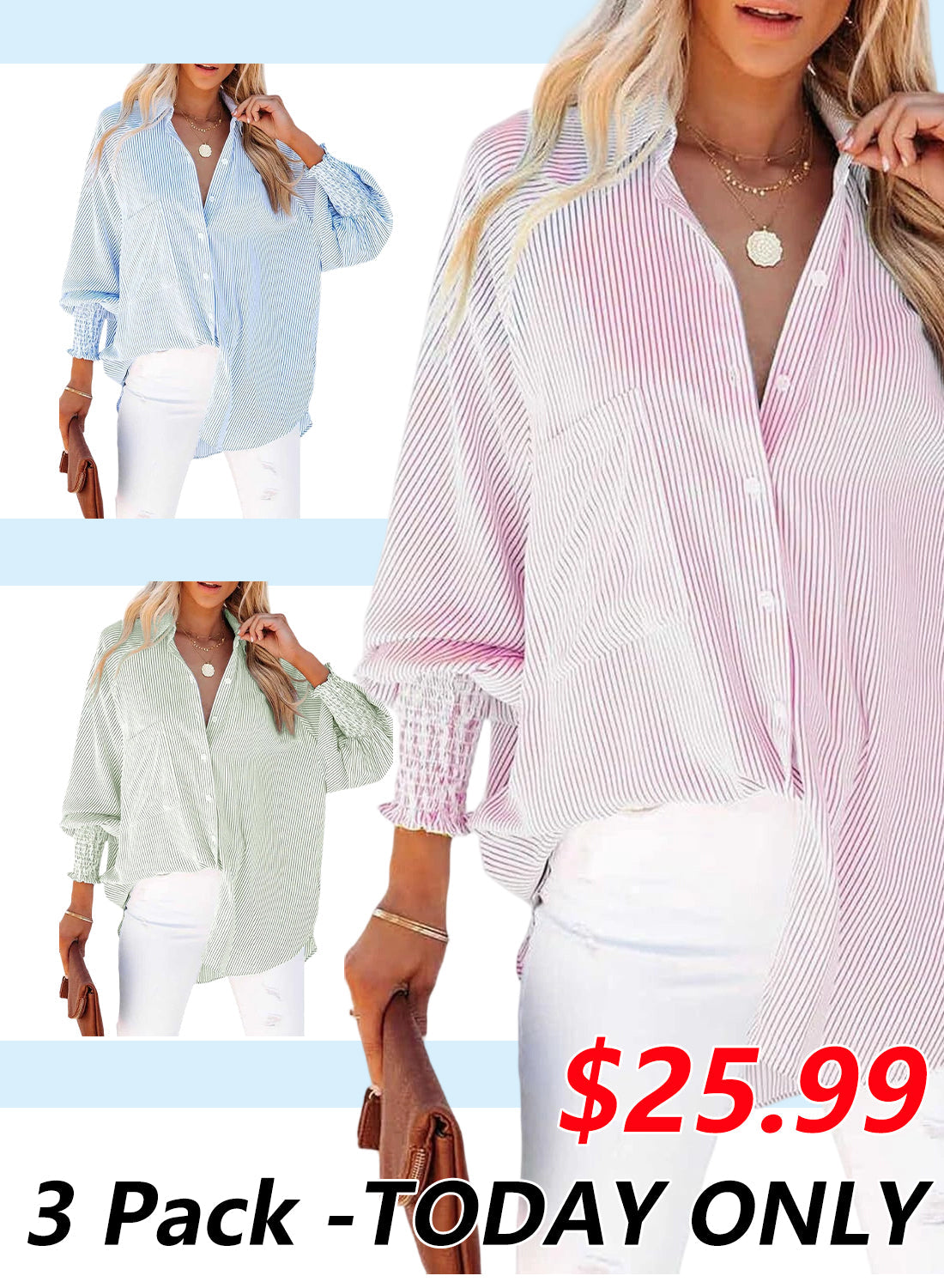 🔥Last day promotion🔥Women's pleated cuffs striped shirt with pockets and casual collar