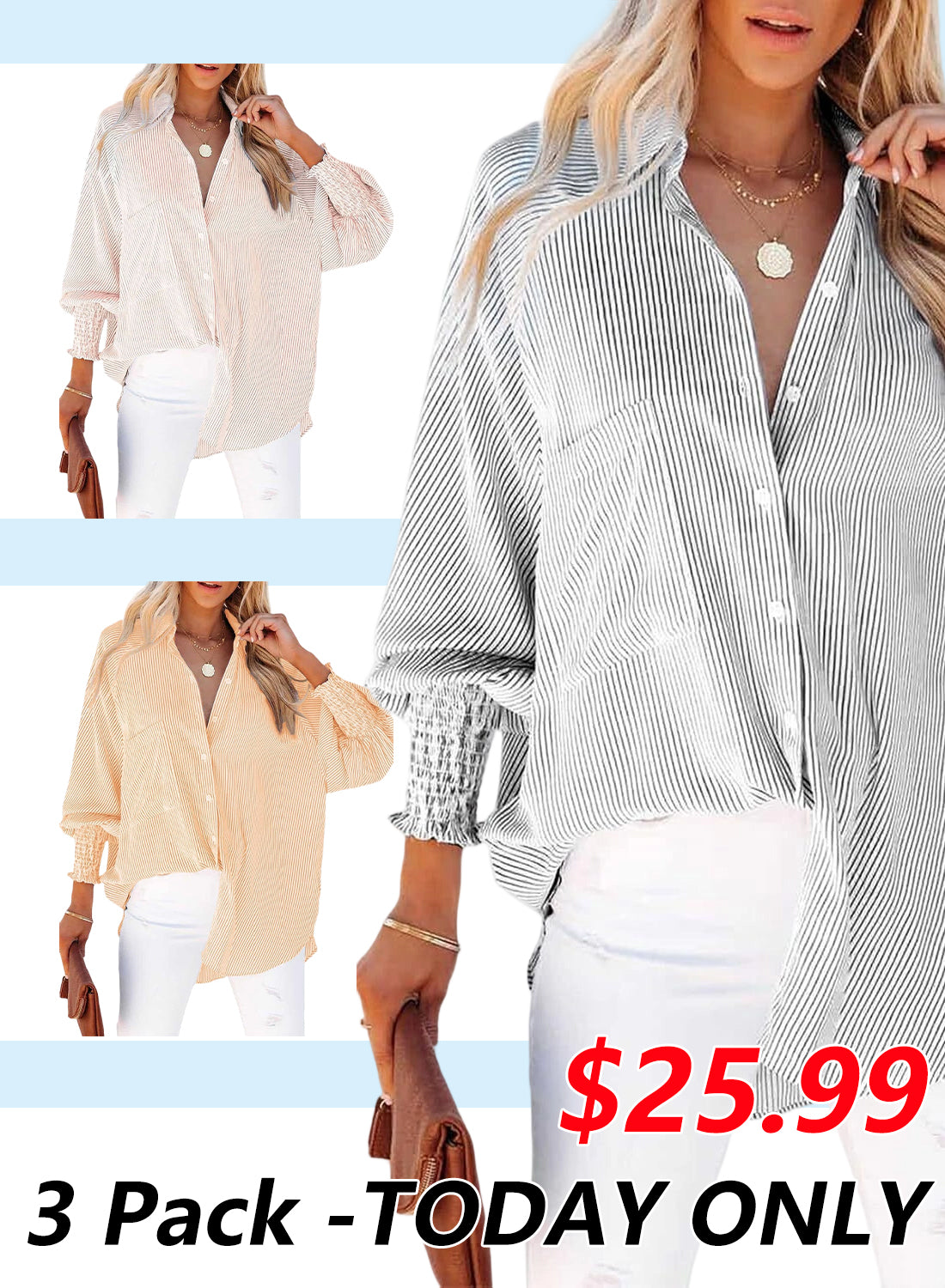 🔥Last day promotion🔥Women's pleated cuffs striped shirt with pockets and casual collar