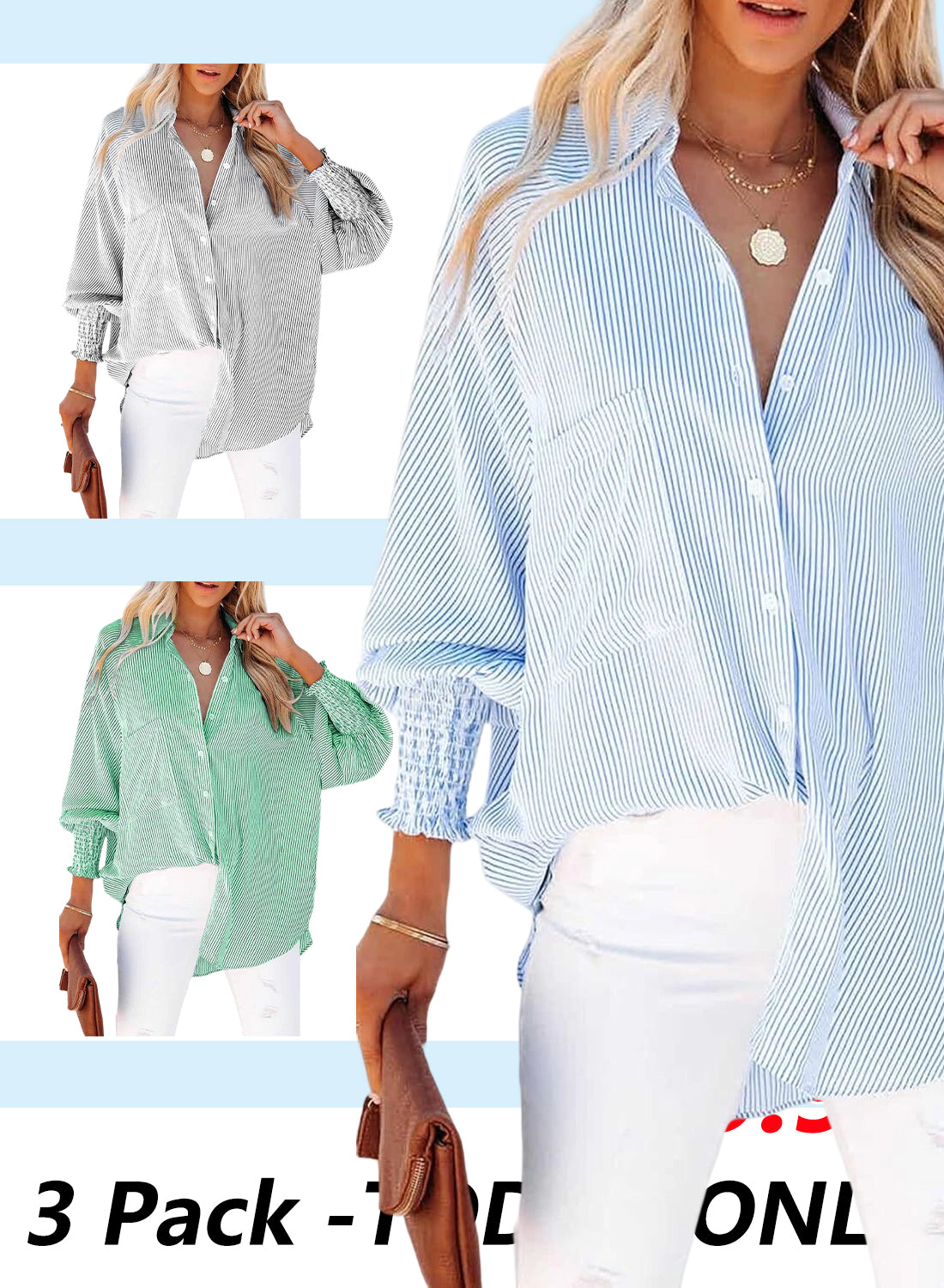 🔥Last day promotion🔥Women's pleated cuffs striped shirt with pockets and casual collar