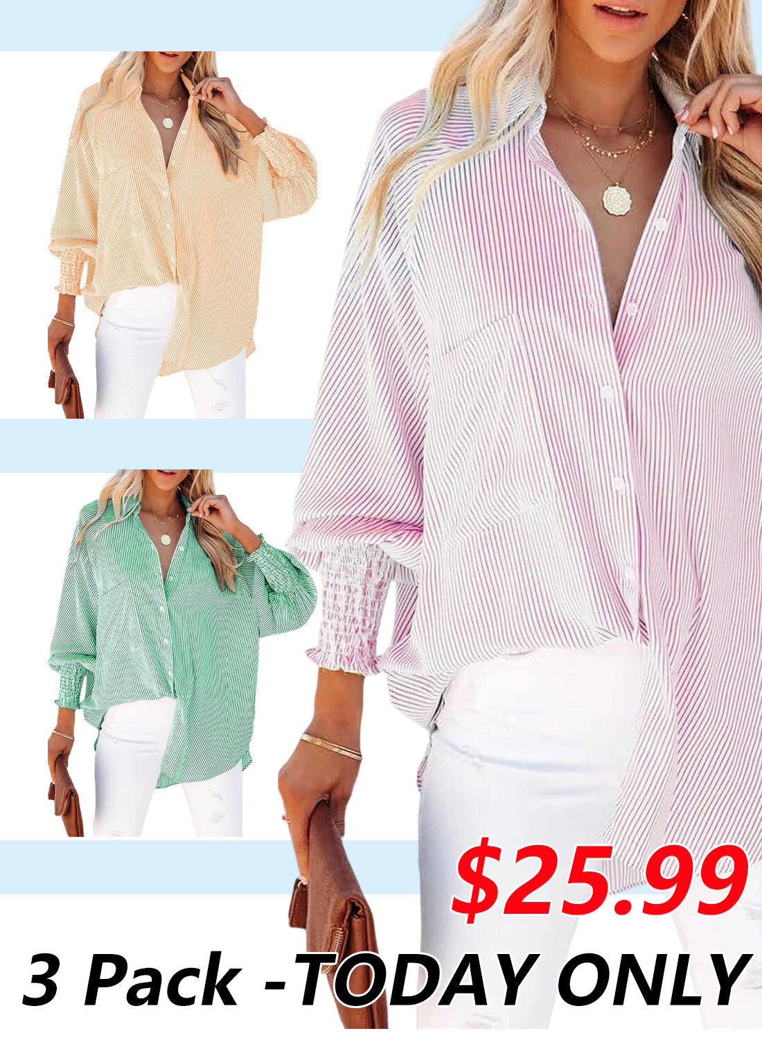 🔥Last day promotion🔥Women's pleated cuffs striped shirt with pockets and casual collar