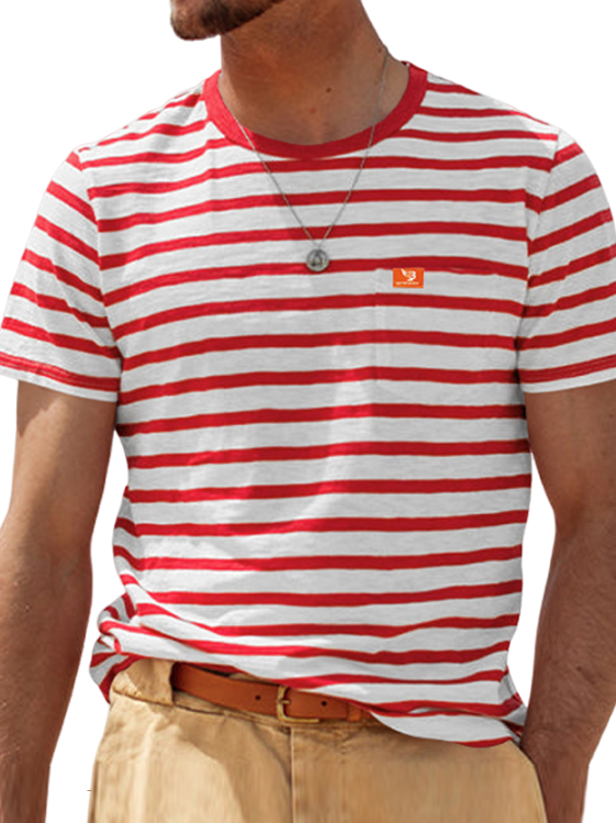Men's Fashion Casual Striped Short Sleeve Round Neck Pocket T-Shirt