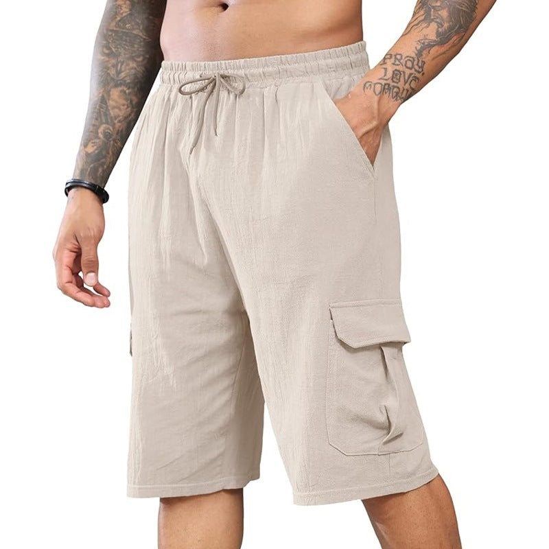 Men's Cotton and Linen Multi-Pocket Tie Shorts