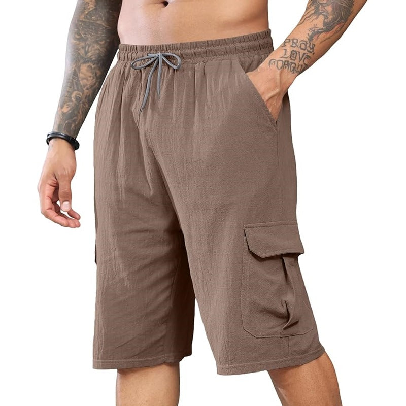 Men's Cotton and Linen Multi-Pocket Tie Shorts