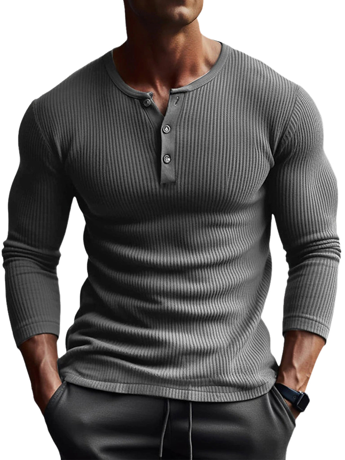Men's Button Pit Solid Color Long Sleeve Henley T-Shirt Top