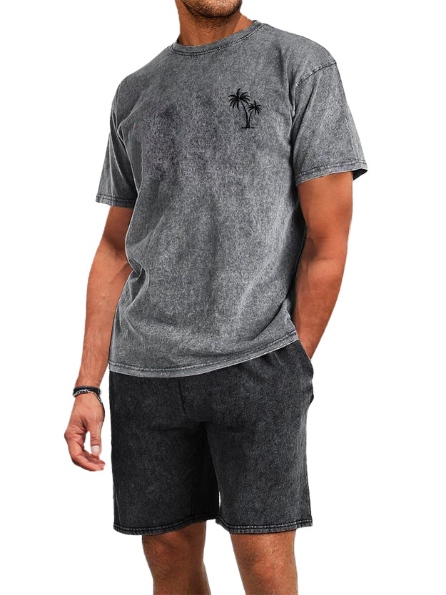 Men's Cotton Washed And Distressed Batik Palm Tree Print T-shirt Shorts 2-piece Set