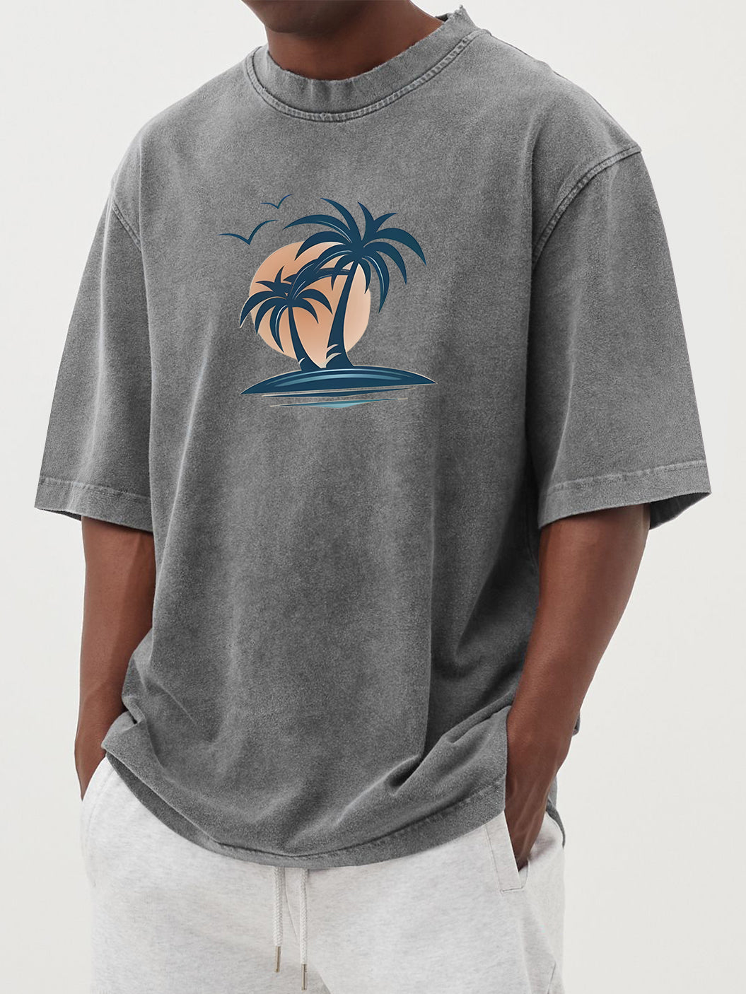 Men's Washed Distressed Cotton Palm Tree Casual Hawaiian Short-sleeved T-shirt