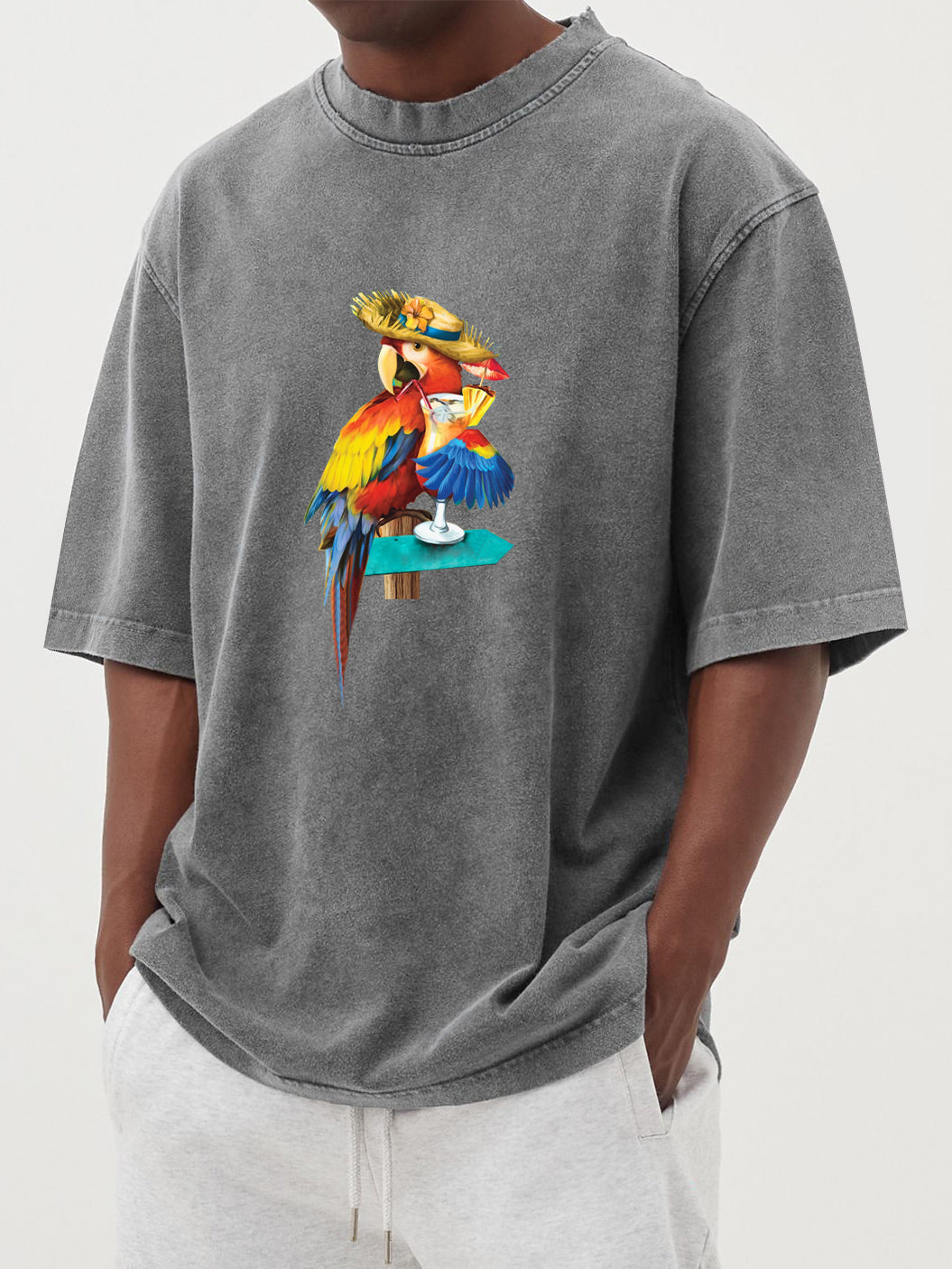 Men's Parrot Cocktail Hawaiian Print Washed Distressed Cotton T-Shirt Top