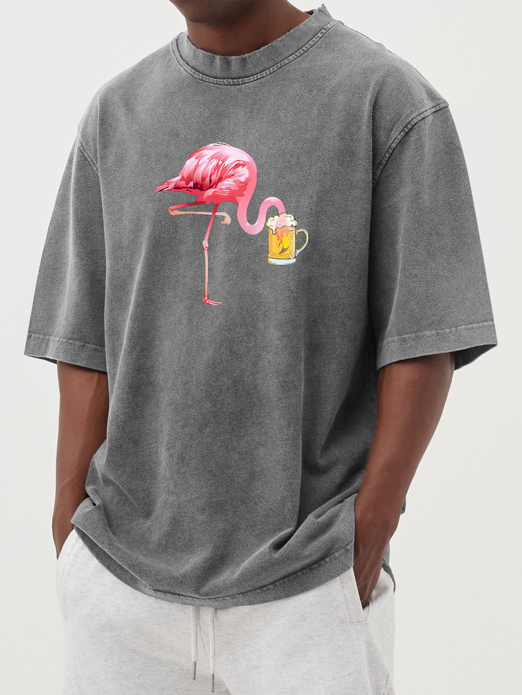 Men's Flamingo Beer Print Washed Distressed Cotton T-Shirt Top