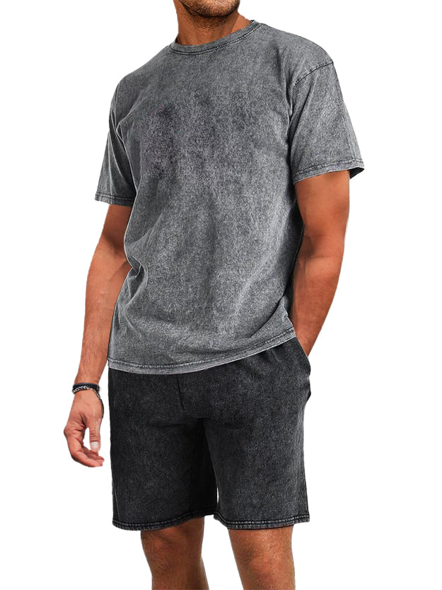 Men's Cotton Washed And Distressed Batik T-shirt Shorts 2-piece Set