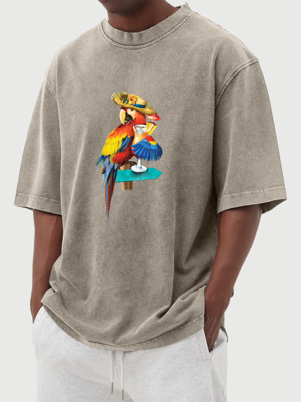 Men's Parrot Cocktail Hawaiian Print Washed Distressed Cotton T-Shirt Top