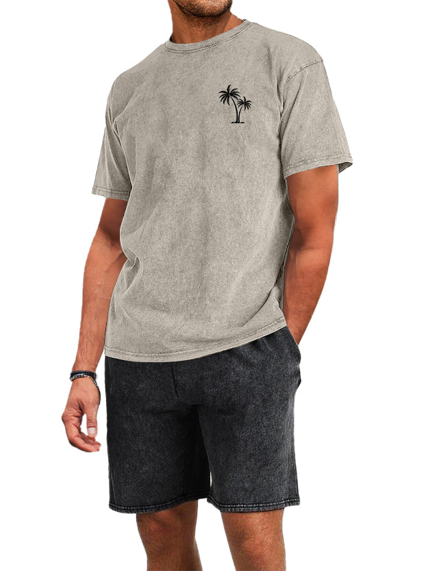 Men's Cotton Washed And Distressed Batik Palm Tree Print T-shirt Shorts 2-piece Set