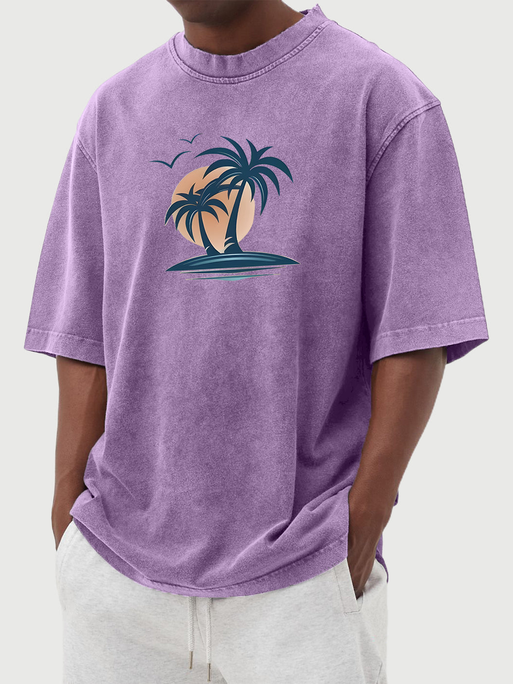 Men's Washed Distressed Cotton Palm Tree Casual Hawaiian Short-sleeved T-shirt