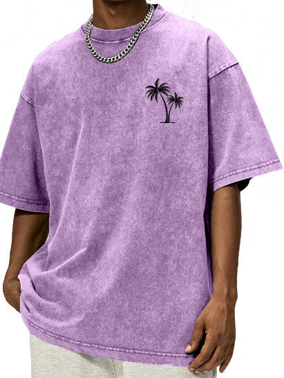 Men's Vintage Washed Cotton Palm Tree Print Short Sleeved Round Neck T-shirt