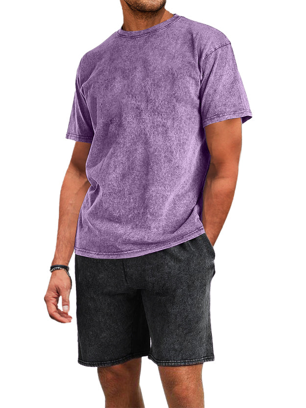 Men's Cotton Washed And Distressed Batik T-shirt Shorts 2-piece Set