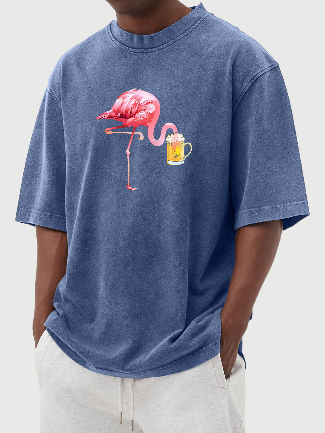 Men's Flamingo Beer Print Washed Distressed Cotton T-Shirt Top