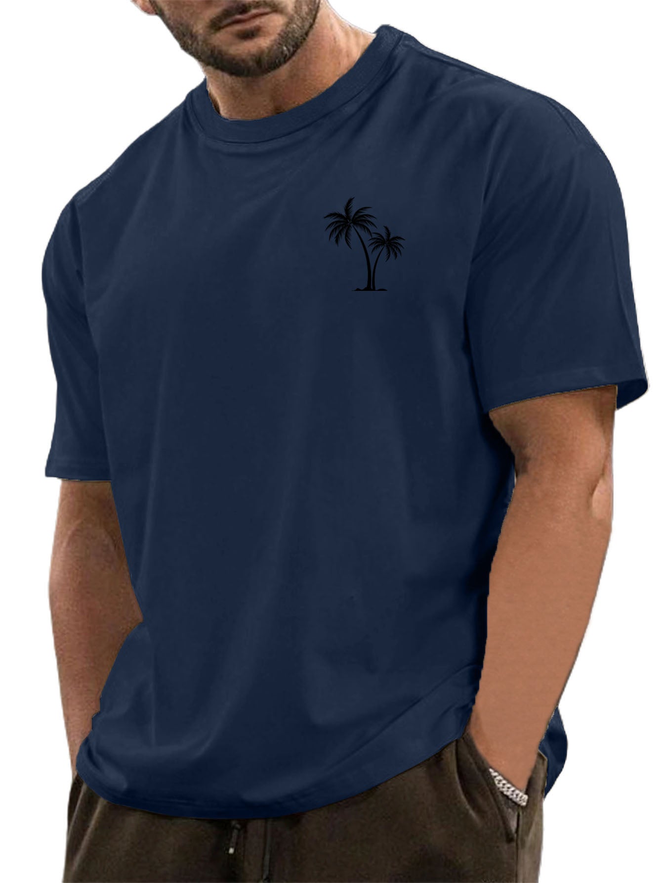 Men's Cotton Basic Hawaiian Palm Tree Print Short Sleeve T-Shirt