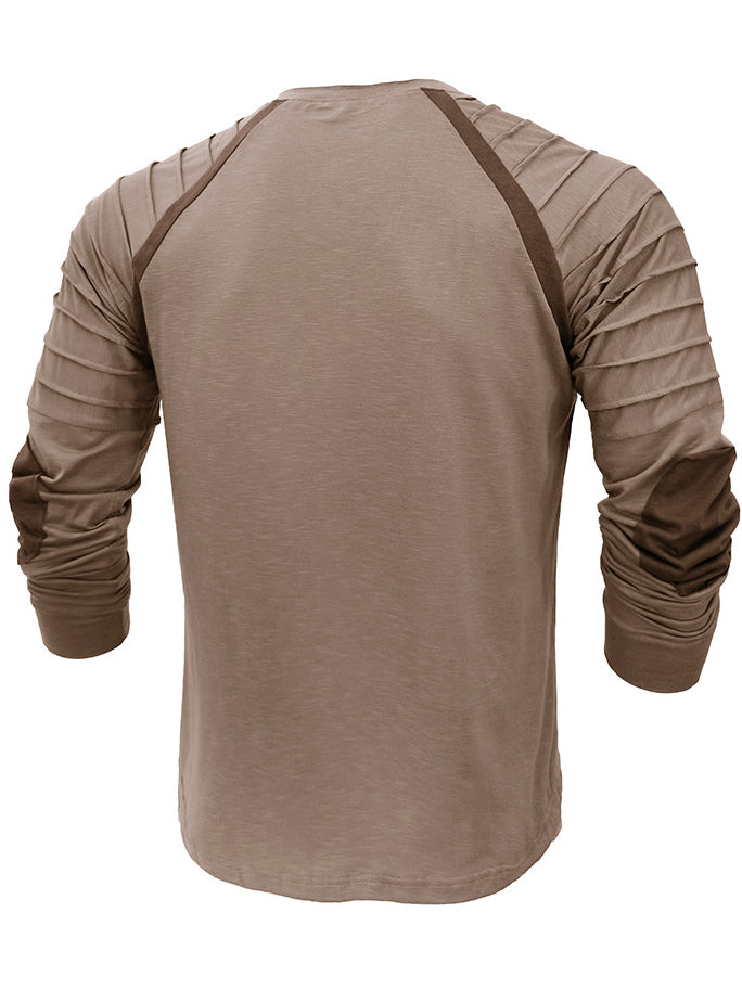 Men's Henry Distressed Pleated Contrast Color Casual Outdoor Retro Long Sleeve T-Shirt