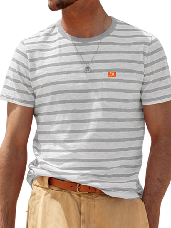 Men's Fashion Casual Striped Short Sleeve Round Neck Pocket T-Shirt