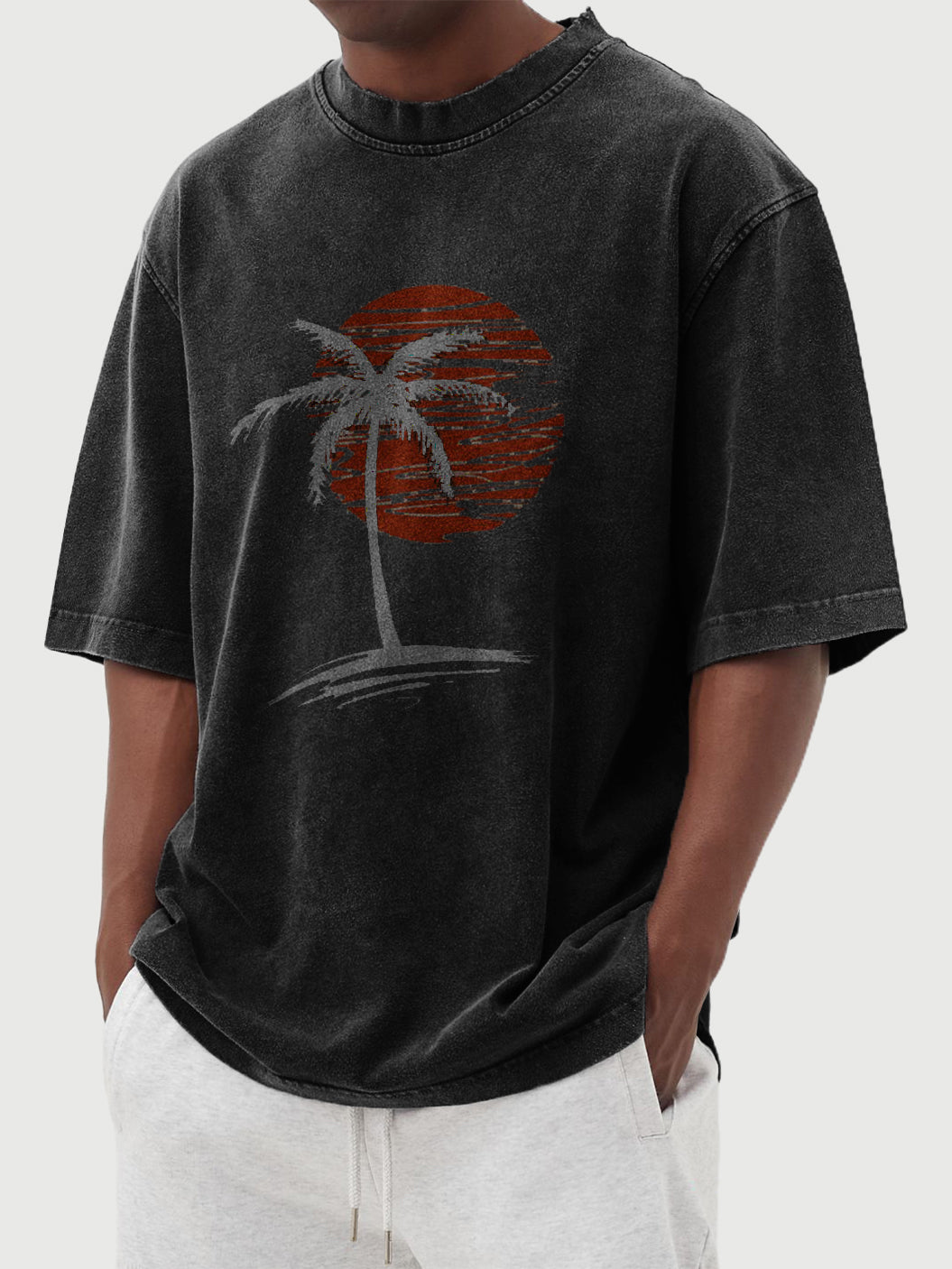 Men's Washed Distressed Cotton Palm Tree Print Casual Hawaiian Short-sleeved T-shirt