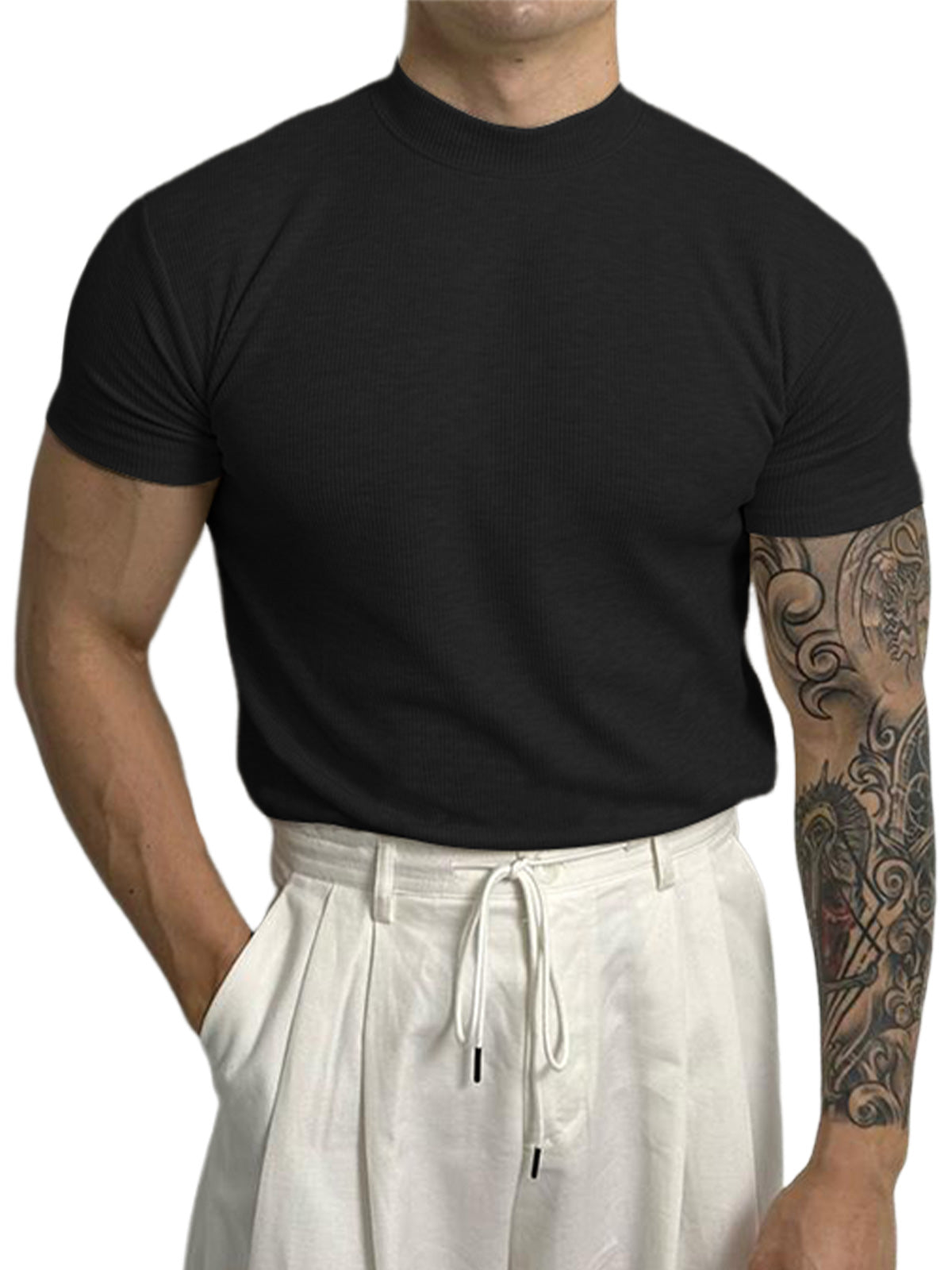 Men's Solid Color Half Turtle Neck Threaded Stretch Short Sleeve T-Shirt