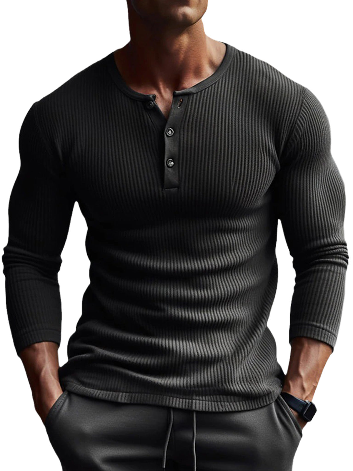 Men's Button Pit Solid Color Long Sleeve Henley T-Shirt Top