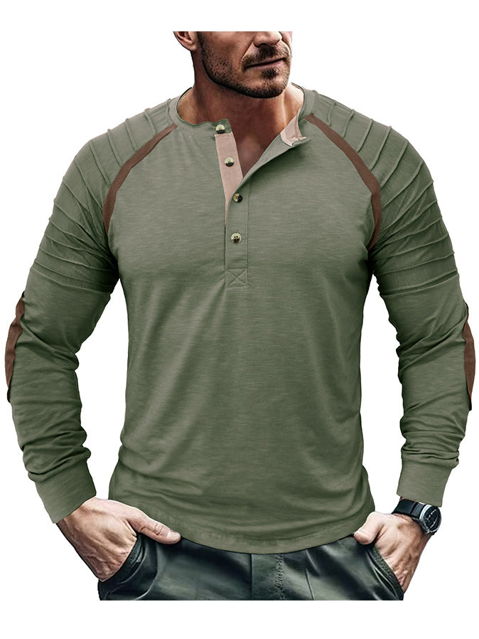 Men's Henry Distressed Pleated Contrast Color Casual Outdoor Retro Long Sleeve T-Shirt