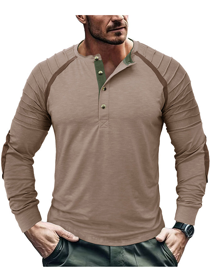 Men's Henry Distressed Pleated Contrast Color Casual Outdoor Retro Long Sleeve T-Shirt