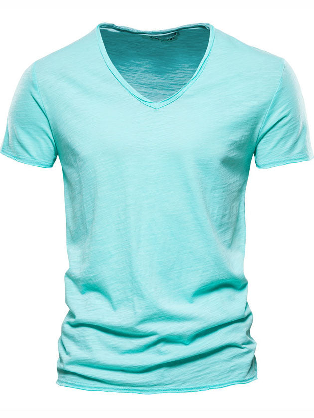 Men's New Solid Color Bamboo Cotton V-neck Short-sleeved T-shirt