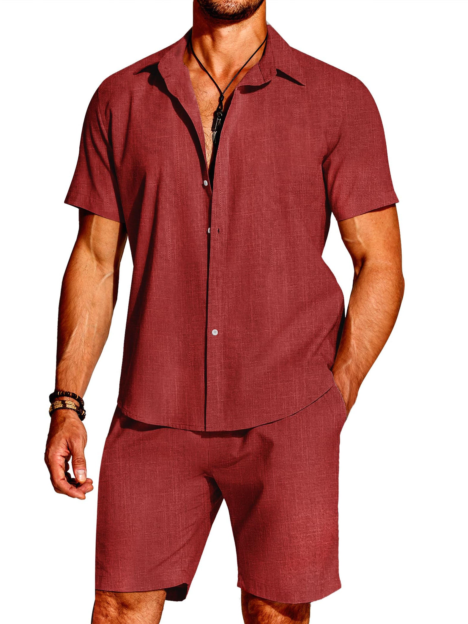 Hawaii Men's Fashion Linen Short Sleeve Shirt Shorts Two Piece Set